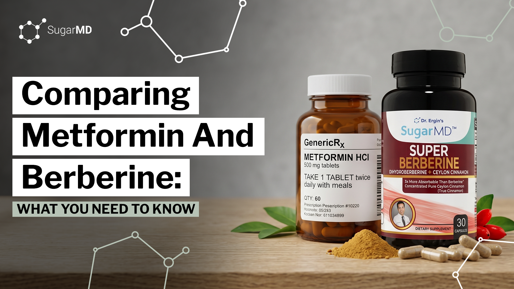 Metformin prescription bottle beside SugarMD Super Berberine supplement on a wooden surface.
