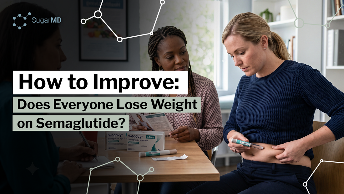 Woman administering a Wegovy semaglutide injection while meeting with a healthcare professional, with the headline "How to Improve: Does Everyone Lose Weight on Semaglutide?"