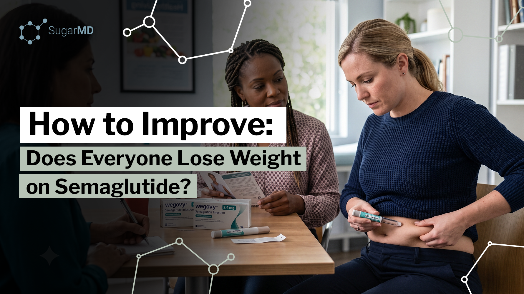 Woman administering a Wegovy semaglutide injection while meeting with a healthcare professional, with the headline "How to Improve: Does Everyone Lose Weight on Semaglutide?"