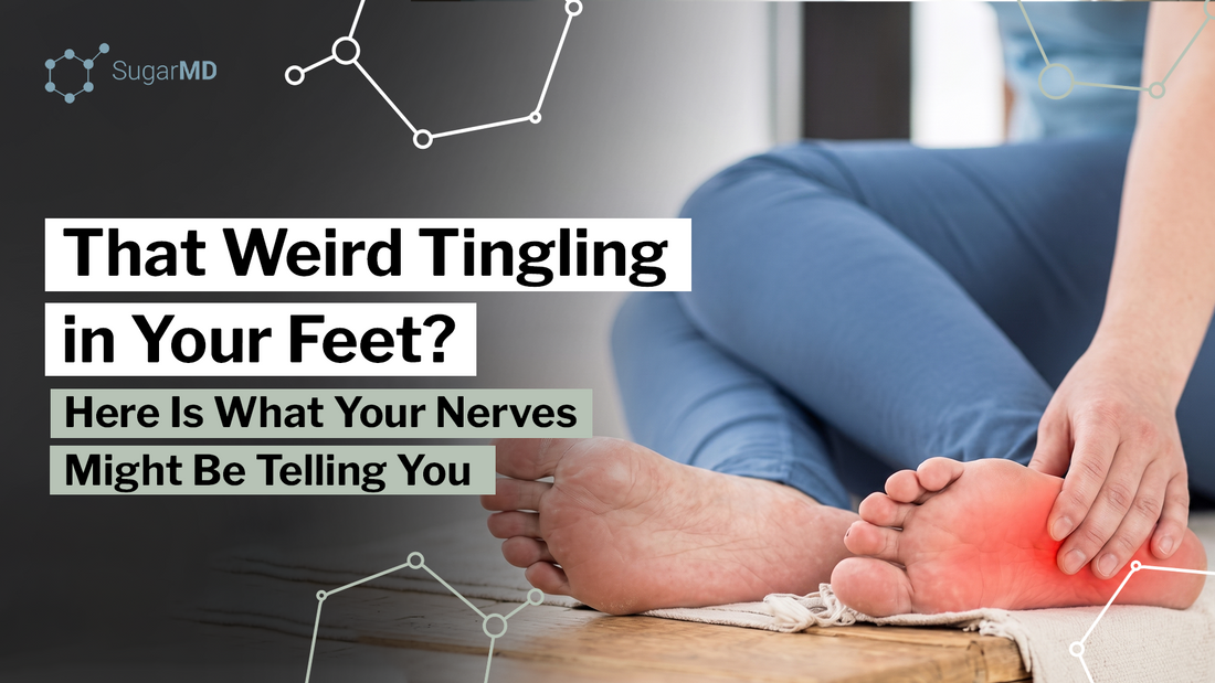 Person holding a painful, tingling foot highlighted in red, illustrating possible neuropathy symptoms.
