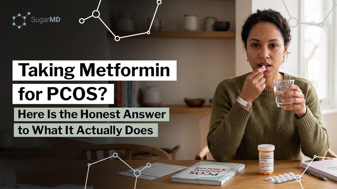 Woman taking metformin with water for PCOS treatment, with medication and a PCOS book on the table.