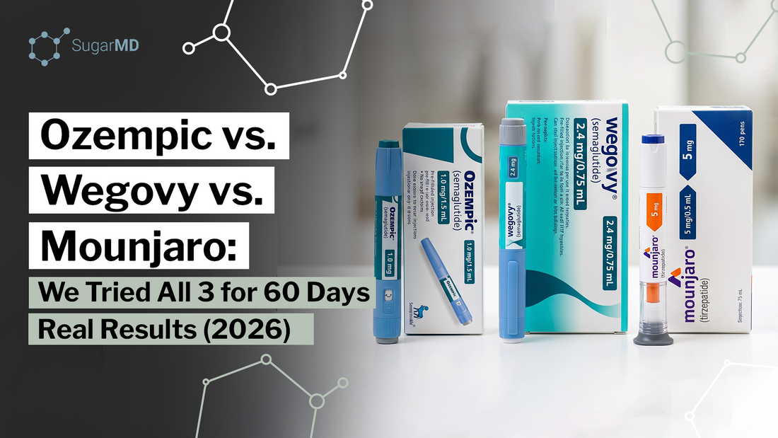 Ozempic, Wegovy, and Mounjaro injection pens and boxes compared for 60-day weight-loss results in 2026.