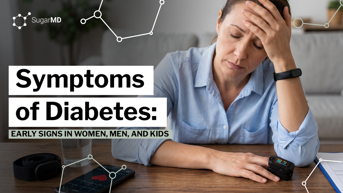 Woman experiencing fatigue beside a glucose monitor, illustrating early symptoms of diabetes in women, men, and children.
