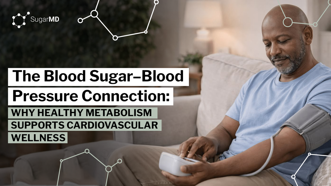 Man checking his blood pressure at home, illustrating the connection between blood sugar, metabolism, and cardiovascular wellness.