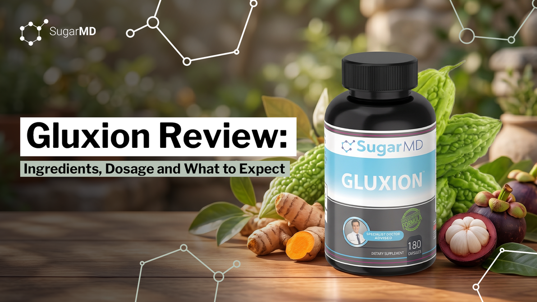 SugarMD Gluxion bottle beside bitter melon and fresh turmeric root on a wooden table