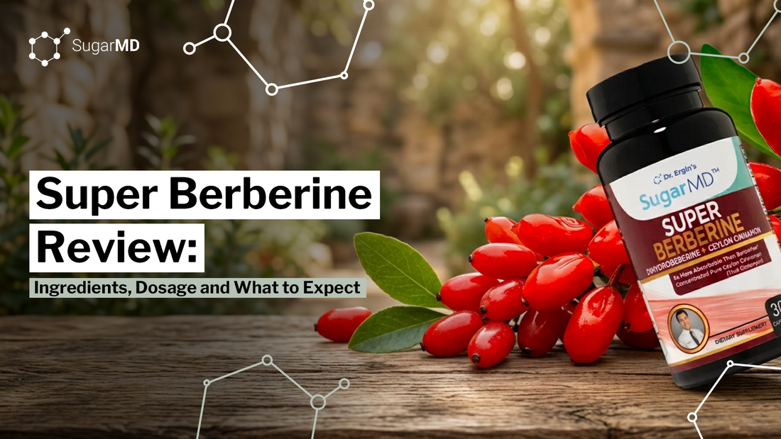 SugarMD Super Berberine bottle beside fresh red barberries on a wooden table