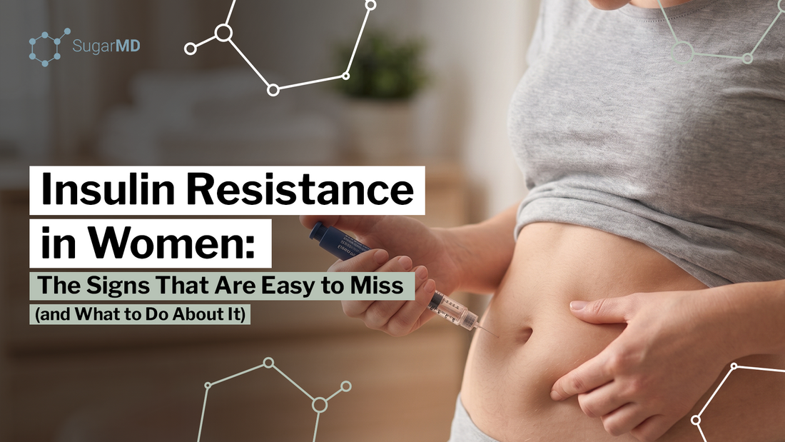 Woman injecting insulin into her abdomen with text about insulin resistance in women and commonly missed signs.