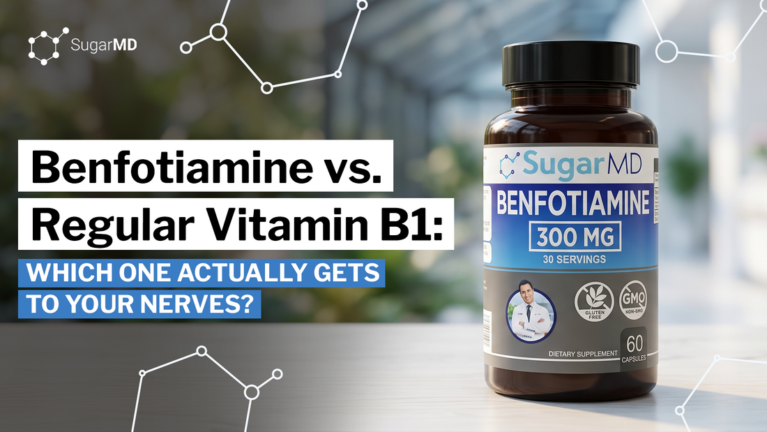 SugarMD Benfotiamine 300 mg bottle on a table beside the title “Benfotiamine vs. Regular Vitamin B1”
