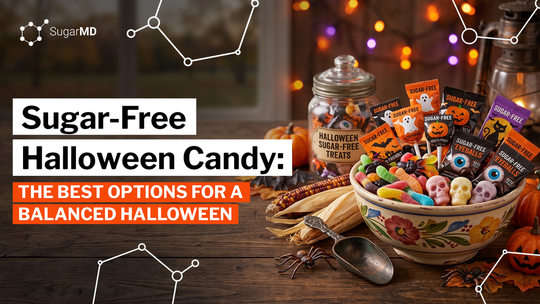 Bowl of sugar-free Halloween candy with gummies, lollipops and skull-shaped treats beside small pumpkins