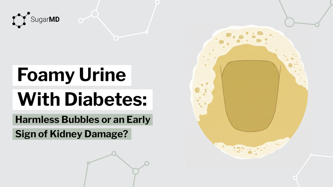 Foamy urine in a toilet bowl, viewed from above, next to the title “Foamy Urine With Diabetes” on a SugarMD banner