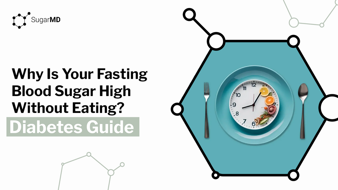 Infographic by SugarMD titled "Why Is Your Fasting Blood Sugar High Without Eating?" featuring a clock face on a dinner plate with a fork and spoon.