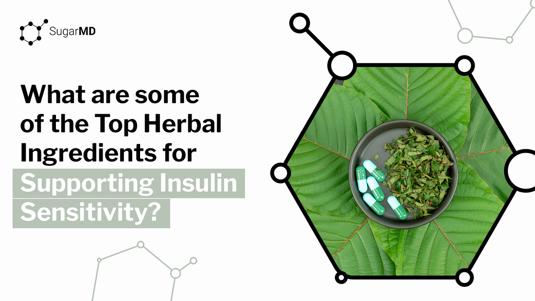 Inside a black-outlined hexagon, a small bowl holds green capsules and dried herbs, resting on large, vibrant green leaves.