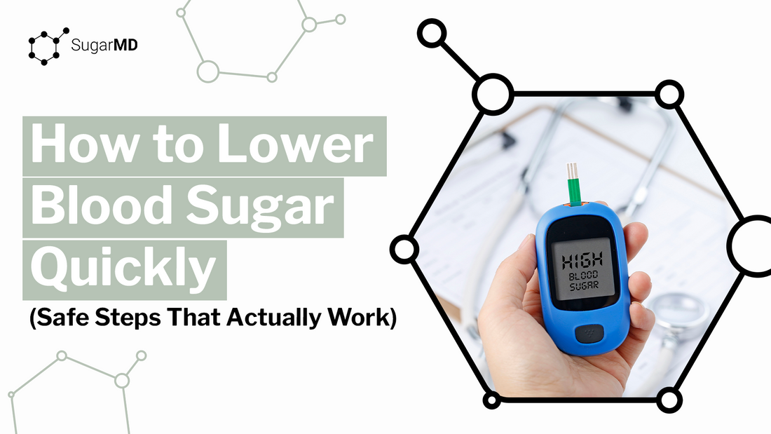 Infographic titled "How to Lower Blood Sugar Quickly," featuring a hand holding a glucose meter that reads "HIGH BLOOD SUGAR."