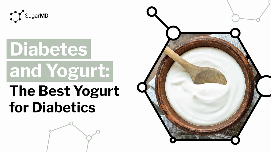 Infographic titled "Diabetes and Yogurt: The Best Yogurt for Diabetics," featuring a wooden bowl of plain yogurt with a spoon.
