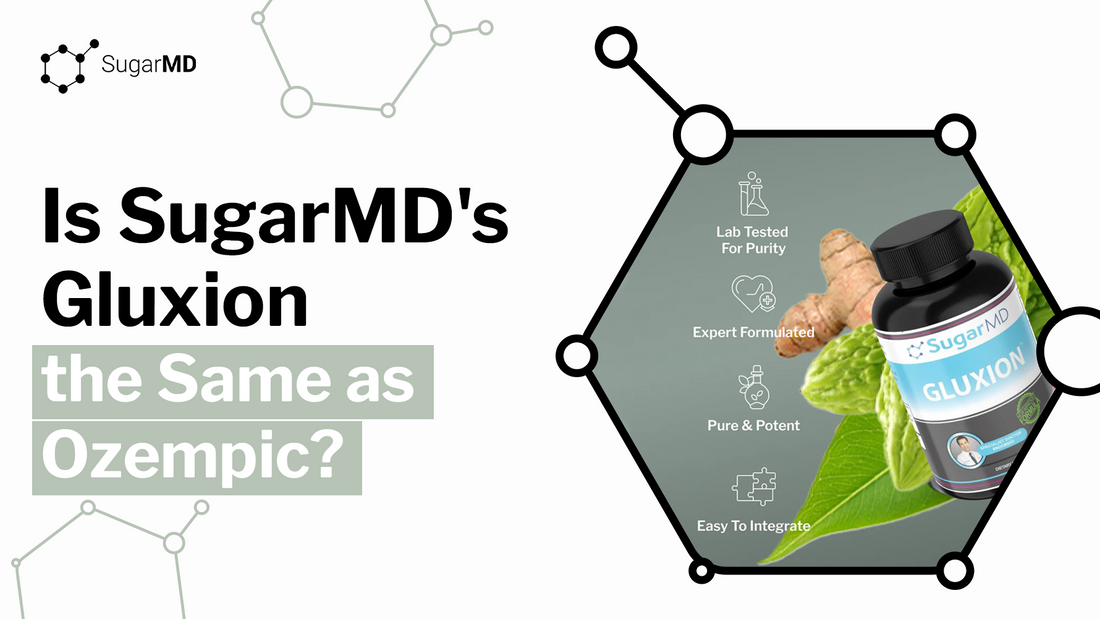 Image showing a bottle of SugarMD's Gluxion supplement, with a background of leaves and ginger root. The text asks: 'Is SugarMD's Gluxion the Same as Ozempic?' with icons highlighting features like lab testing, expert formulation, and purity.