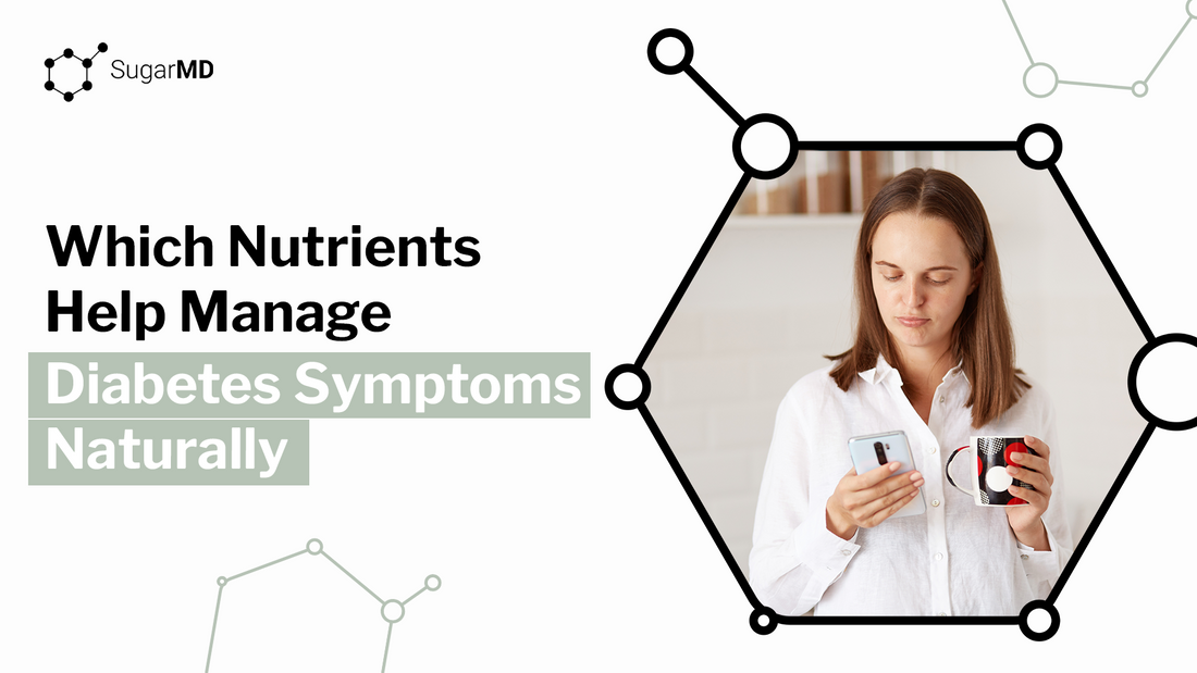 Woman checking her phone while holding a mug, with text “Which nutrients help manage diabetes symptoms naturally”