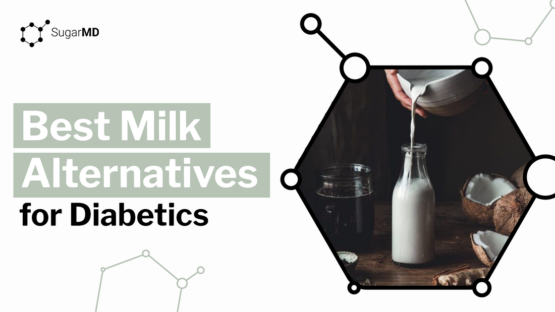 Best milk alternatives for diabetics with coconut milk being poured into a glass bottle SugarMD graphic