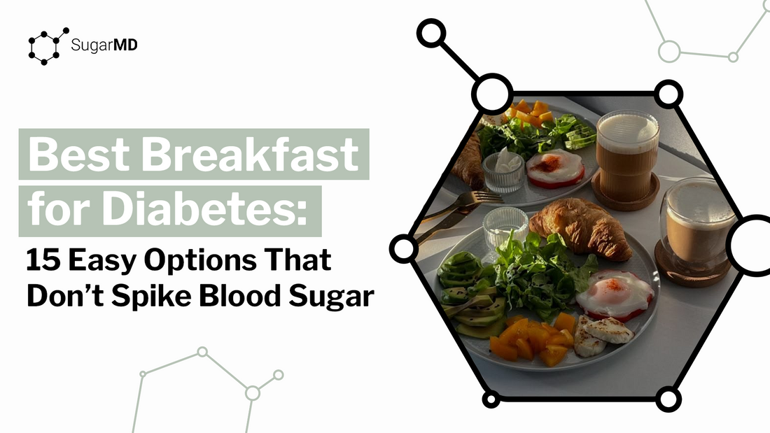 Best breakfast for diabetics with eggs avocado salad and coffee low blood sugar friendly meal SugarMD graphic