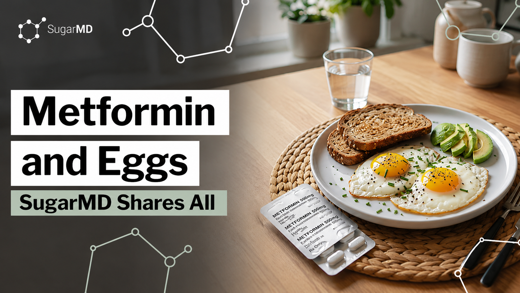 An infographic titled "Metformin and Eggs" by SugarMD, showing two fried eggs with avocado and toast on a white plate.
