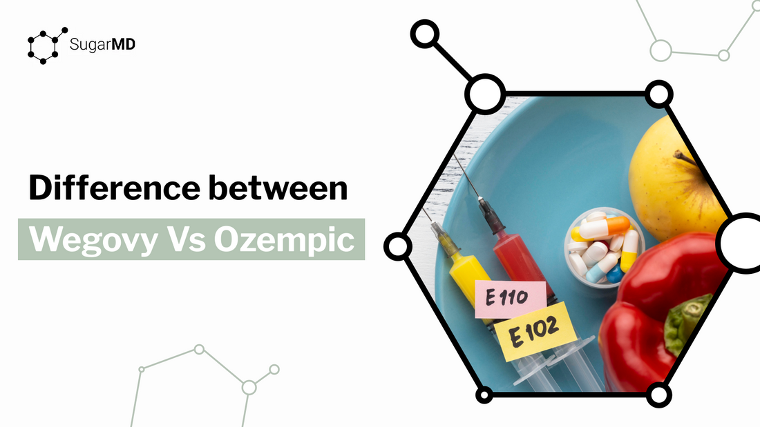 Graphic reading ‘Difference between Wegovy vs Ozempic’ with syringes, pills, and fruit on a plate.