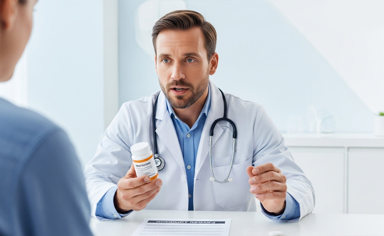 A male doctor in a white coat, holding a prescription bottle,facing a patient. 