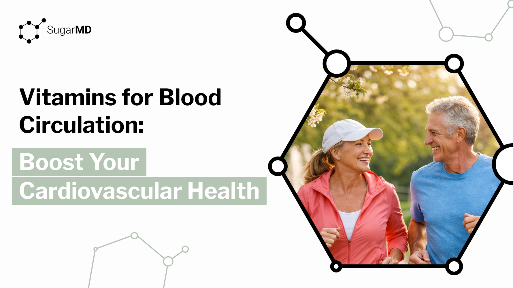 Graphic reading ‘Vitamins for Blood Circulation: Boost Your Cardiovascular Health’ with a smiling older couple jogging outdoors.