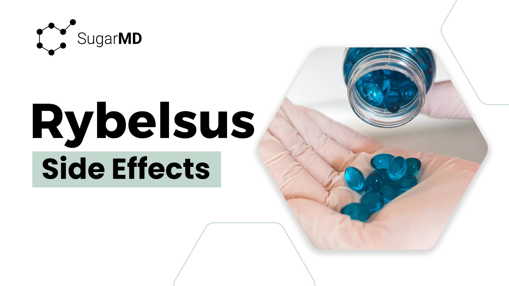 Blog banner titled 'Rybelsus Side Effects' by SugarMD. It shows hands holding blue capsules from a bottle